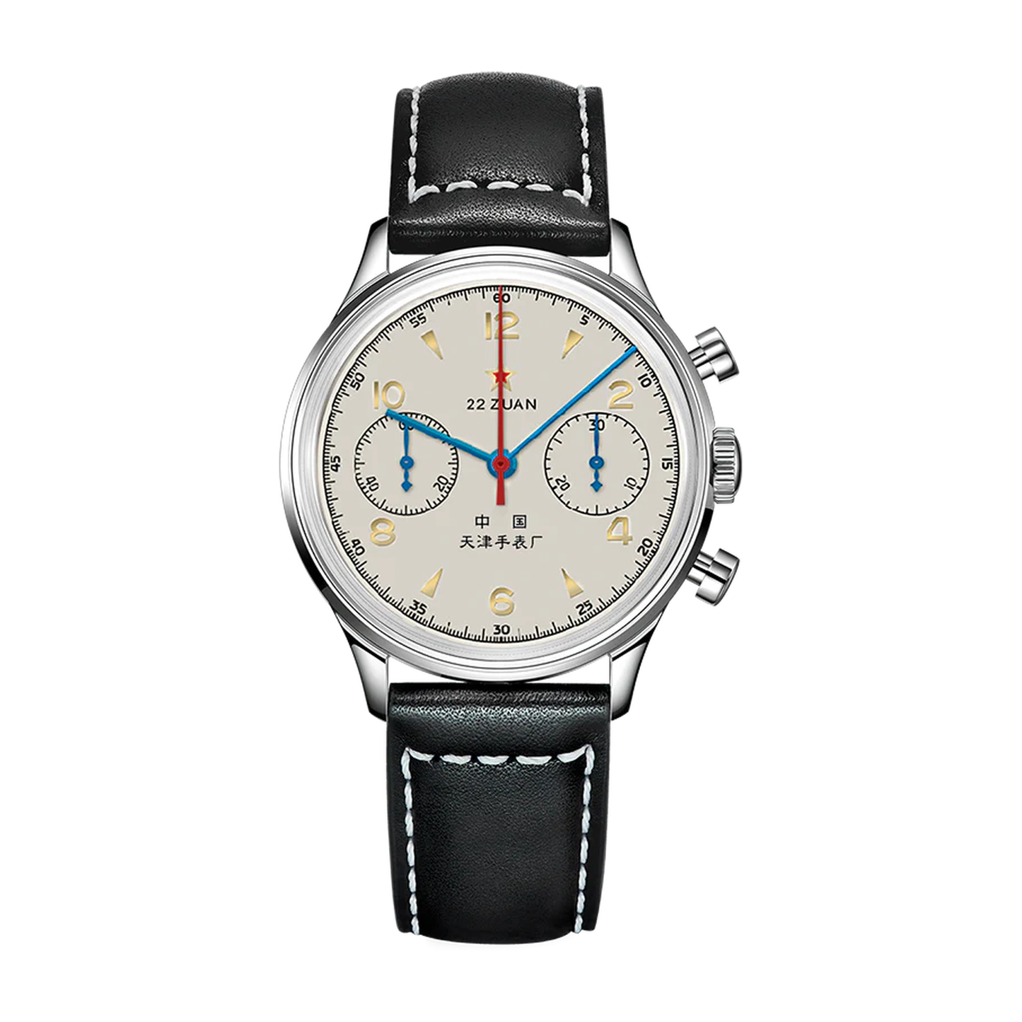 Sea-Gull 1963 Edição 70 Anos champagne com pulseira de couro preto, vista frontal em fundo branco