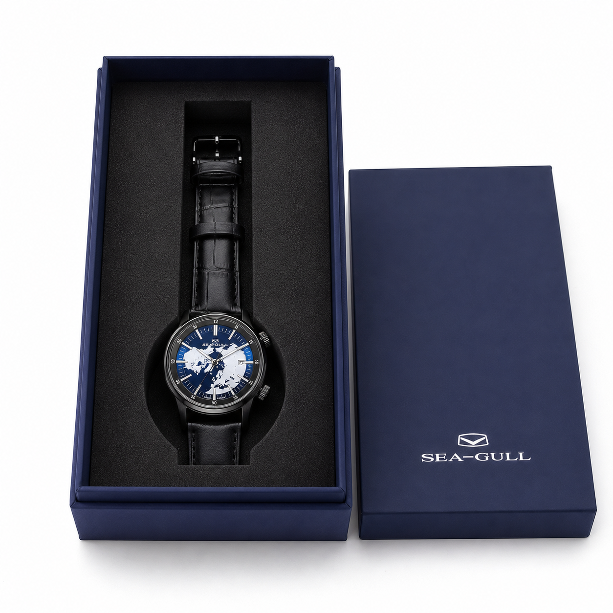 Sea-Gull 819.92.6028H GMT na caixa oficial azul-marinho com inserto preto e tampa removível