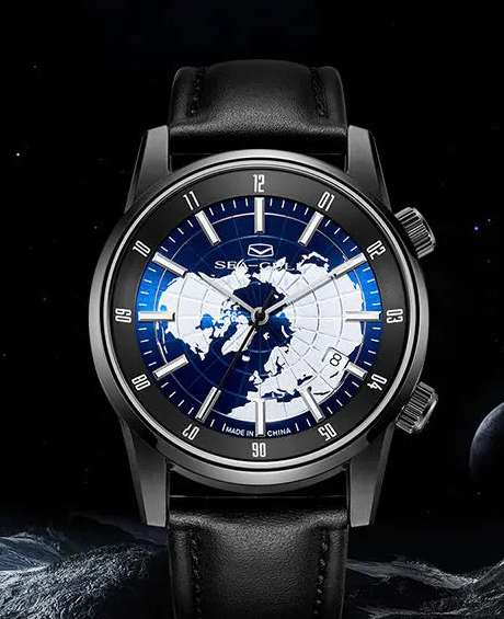 Sea-Gull 819.92.6028H GMT preto e azul detalhe do mostrador