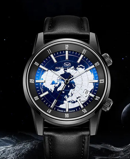 Sea-Gull 819.92.6028H GMT preto e azul detalhe do mostrador