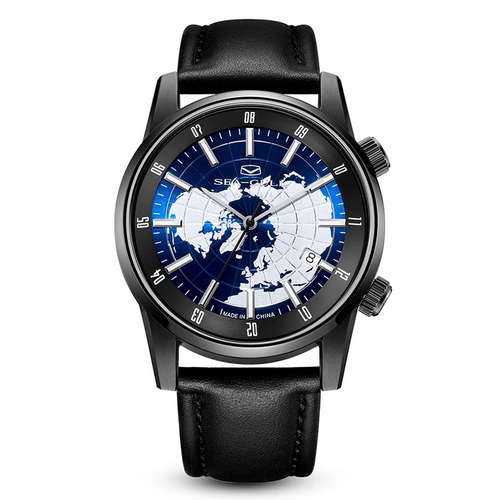 Sea-Gull 819.92.6028H GMT preto e azul em fundo branco vista frontal