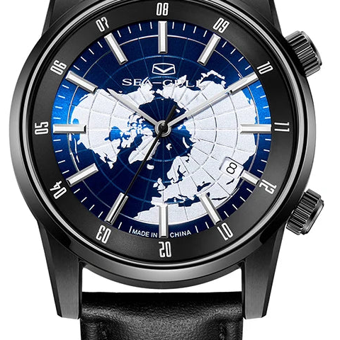 Zoom do mostrador azul com mapa-mundi do Sea-Gull 819.92.6028H GMT